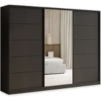 Masseno Armadio scorrevole PINA 270/205/58 cm Armadio con 4 cassetti Armadio da camera da letto a 3 ante con specchio Nero