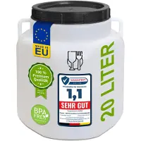 Plasteo Botte a collo largo da 20 litri naturale con coperchio e manici, senza BPA per alimenti Botte da campeggio Botte per crauti Botte per mangimi Contenitore con coperchio a vite