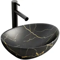 FODYM Lavabo ovale in Vetroceramica, nero con venature, da appoggio, dimensioni 41x34,5 cm