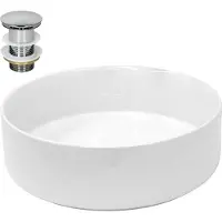 LuxeBath Lavabo Lavabo da appoggio rotondo, Ø 35,5x12 cm, bianco, in Vetroceramica, incl. set di scarico senza troppopieno