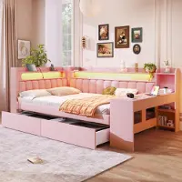 OKWISH : Letto a castello 140x200 con materasso, trasformabile in scrivania con 2 cassetti. Divano letto con porte USB e illuminazione LED. Letto imbottito con spazio contenitivo aperto. Colore: rosa