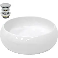 LuxeBath Lavabo Lavabo da appoggio rotondo, Ø 35x12 cm, bianco, in Vetroceramica, incl. set di scarico senza troppopieno