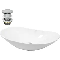 LuxeBath Lavabo Lavabo da appoggio ovale, 64x36,5x13 cm, bianco, in Vetroceramica, incl. set di scarico senza troppopieno