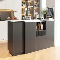 MODFU Tavolo da pranzo multifunzionale Tavolino da cucina a isola con griglia e vani portaoggetti, mobile per il tempo libero con ante a battente e struttura in marmo, nero