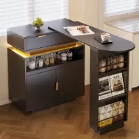 Flieks Tavolo da bar allungabile con vano portaoggetti, illuminazione a LED, rotazione a 360°, isola da cucina estraibile, tavolo da bar 115-183 x 40 x 99,5 cm, nero