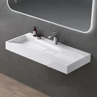 Doporro Lavabo da Appoggio Bagno Sospeso Lavandino Rettangolare in Marmoresina con Piletta di Scarico Inclusa Colossum19, 120x46x11 cm Bianco Lucido Monoforo