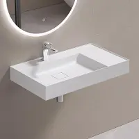 Doporro Lavabo Bagno Sospeso 80 cm Rettangolare in Resina Bianco Opaco con Vasca Integrata a Sinistra e Piletta Inclusa Colossum630