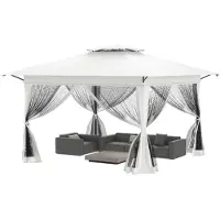 QEENTOE Gazebo pop-up da giardino, 4x4 metri, struttura in metallo con tetto a doppia protezione, 4 pannelli laterali con zanzariera, colore bianco, ideale per giardino, feste e bancarelle