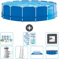 Intex Piscina con struttura rotonda - 457 x 122 cm - blu - compresa pompa - scala - telo di fondo - confezione di manutenzione della copertura - filtro - piastrelle per il pavimento