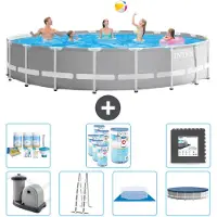 Intex Piscina Round Prism Frame - 610 x 132 cm - Grigio - inclusa pompa - scala - telo di fondo - pacchetto di manutenzione della copertura - filtro - piastrelle per il pavimento