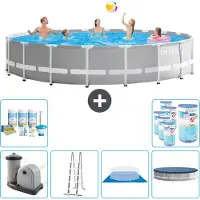 Intex Piscina Round Prism Frame - 610 x 132 cm - Grigio - inclusa pompa - scaletta - telo di fondo - pacchetto di manutenzione della copertura - filtro
