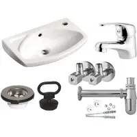 Domotechnika Set: lavabo 35 x 28 cm bianco, miscelatore per lavabo cromato, valvola angolare, mezzo sifone cromato, colino per lavabo, set di viti