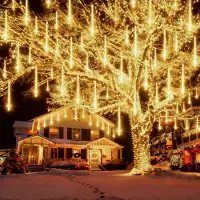 Lapamax Luci di pioggia di meteore per interni, 192LED luci di pioggia di meteore IP65, 7V decorazione di luci di Natale per giardino di albero di finestra, bianco caldo
