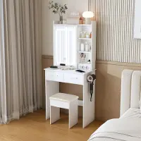 STILVORA : toletta con illuminazione a LED e presa di corrente, toletta salvaspazio con 2 cassetti e vano portaoggetti aperto, toletta con porte USB e sgabello imbottito, bianco