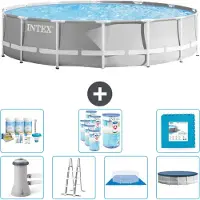 Intex Piscina Round Prism Frame - 427 x 107 cm - Grigio - inclusa pompa - scaletta - telo di fondo - pacchetto di manutenzione della copertura - filtro - piastrelle per il pavimento