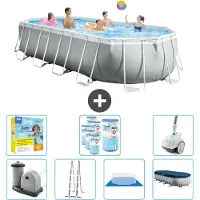Intex Piscina Oval Prism Frame - 610 x 305 x 122 cm - Grigio - inclusa pompa - scaletta - telo di fondo - pacchetto manutenzione copertura - filtro - aspirapolvere