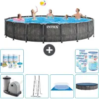 Intex Piscina Round Prism Frame Greywood - 549 x 122 cm - compresa pompa - scaletta - telo di fondo - pacchetto manutenzione copertura - filtro