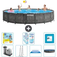 Intex Piscina Round Prism Frame Greywood - 549 x 122 cm - inclusa pompa - scaletta - telo di fondo - pacchetto manutenzione copertura - filtro - piastrelle per il pavimento