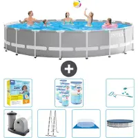 Intex Piscina Round Prism Frame - 610 x 132 cm - Grigio - inclusa pompa - scaletta - telo di fondo - pacchetto di manutenzione della copertura - filtro - kit di pulizia