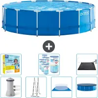 Intex Piscina con struttura rotonda - 457 x 122 cm - blu - inclusa pompa - scaletta - telo di fondo - confezione di manutenzione della copertura - filtro - tappetino solare
