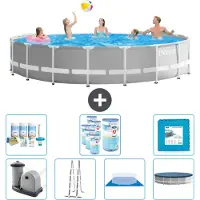 Intex Piscina Round Prism Frame - 548 x 122 cm - grigio - inclusa pompa - scaletta - telo di fondo - pacchetto di manutenzione della copertura - filtro - pavimento in piastrelle