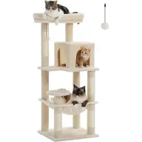 Merkloos Tiragraffi stradale con amaca di peluche in metallo, torre per gatti adulti con casetta per gatti a 2 porte, scaffale per gatti a 6 livelli con tiragraffi e grande posatoio in cima, beige, 116 cm
