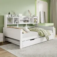 OKWISH Divano letto, Daybed, Letto multifunzionale (90×200 cm & 90x190 cm) con letto estraibile, Letto in legno con contenitore e griglia a doghe, senza materasso, bianco