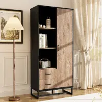 OKWISH : Mobiletto alto, mobile da cucina, armadio contenitore con 2 cassetti e 3 ripiani aperti, struttura nera, spazio contenitivo versatile, colore legno + nero