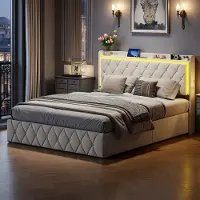ProximaX Letto imbottito 160x200 cm con illuminazione a LED e stazione di ricarica USB – letto matrimoniale idraulico con vano contenitore, tessuto in velluto beige