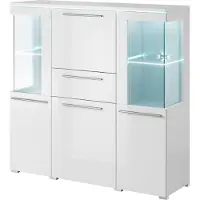Meublorama Buffet alto per soggiorno colore bianco lucido con illuminazione LED multicolore integrata collezione BOMBAY.