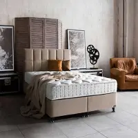 Bambi Letto boxspring 180x200 con contenitore e set materasso Golden Prime, spazio contenitivo, 7 zone di comfort, H4, oro/beige