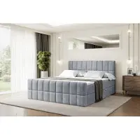 ALTDECOR Letto boxspring con pediera, materasso H3 e topper - 160x200 cm - MIAMI-Z - Velluto grigio - Letto imbottito con contenitore e rete a doghe, letto con spazio contenitivo