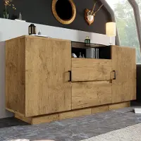 OKWISH Mobile da cucina con ripiani regolabili all'interno, vetrinetta con 2 cassetti, cassettiera in rovere, H 70×L 140×H 40 cm
