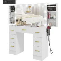 HOMCOM Toeletta con luci a LED e specchio, 7 cassetti, bianco