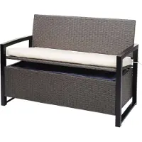Mendler Panca da giardino Poly-Rattan, modello MCW-F39, con spazio contenitore, ideale per l'esterno, colore grigio marmorizzato, dimensioni 117 cm, cuscini color crema