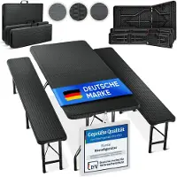 Everbrent Set da 3 pezzi Blumtal per birreria all'aperto - 2 panche + 1 tavolo - set da birreria all'aperto pieghevole e resistente per 8 persone - con maniglia, effetto rattan nero