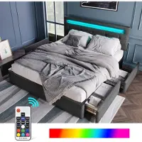 MODFU Letto imbottito 140 x 200 cm, struttura letto matrimoniale con illuminazione a LED e 2 cassetti (materasso escluso), grigio