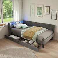 ProximaX Letto imbottito 90x200 cm grigio, letto con contenitore dotato di 2 cassetti e illuminazione a LED, porte di ricarica USB/Type-C, rivestimento in velluto, divano letto 2 in 1