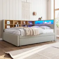 OKWISH Letto imbottito, Letto pieghevole 140x200, Letto pieghevole 90x190, con illuminazione a LED, cassetti e numerosi vani portaoggetti, Flanella, con materasso, Grigio chiaro