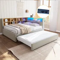 MODFU Divano letto 140×200 cm, Divano letto multifunzionale, Letto singolo, Con luci LED, Cassetti e numerosi vani portaoggetti, Senza materasso, Grigio chiaro