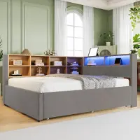 MODFU Letto imbottito , divano letto 140x200 cm e 90x190 cm, letto estraibile con luci a LED, prese elettriche e numerosi vani portaoggetti, flanella, con materasso, beige