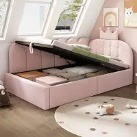 OKWISH Divano letto 90x200, letto per bambini con contenitore idraulico, letto imbottito, letto singolo, letto per ospiti, forma a L, testiera con decorazione a , rosa (con materasso)