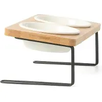 Unyqoos Ciotola in Vetroceramica per cani e gatti con base in legno massiccio, 2 pezzi, verde, S