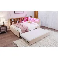 MODFU Divano letto 140×200 cm, Divano letto multifunzionale, Letto singolo, Con luci LED, Cassetti e numerosi vani portaoggetti, Senza materasso, Beige