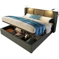 OKWISH Letto imbottito 160×200 Letto per bambini, letto contenitore multifunzionale con luce LED, interfaccia USB e TYPE-C, design sospeso, senza materasso, grigio