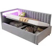 STILVORA Divano letto Letto imbottito 90 x 200 cm Letto da giorno con USB+Tipo C e luce ambientale a LED, letto per ragazzi con 2 cassetti, Lino, Grigio (senza materasso)