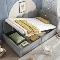 OKWISH Divano letto , 90x200 cm, letto a una piazza per bambini con spazio contenitore a sollevamento idraulico, imbottito, con testiera decorata a forma di , grigio (con materasso)