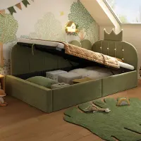 OKWISH Divano letto , 90x200 cm, letto a una piazza per bambini con spazio contenitore a sollevamento idraulico, imbottito, con testiera decorata a forma di , verde (con materasso)
