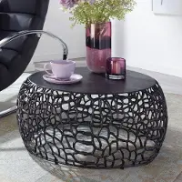 OEM Tavolino Rootz – Design rotondo in alluminio con effetto venatura del legno – Metallo nero – 66 x 66 x 30 cm
