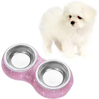 Unyqoos - Ciotola doppia per cibo e acqua – 2 ciotole in acciaio inossidabile con decorazioni in strass, rosa, adatte per cani e gatti